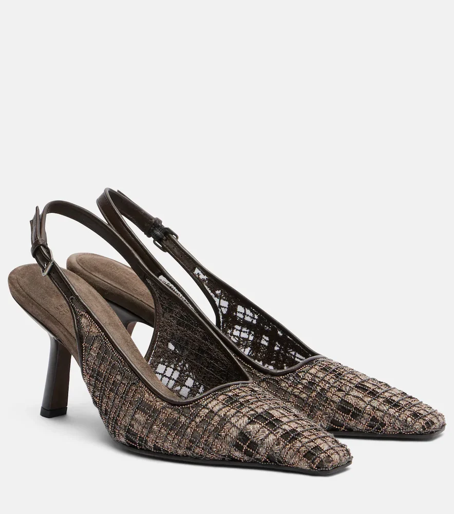 Beaded checked leather-trimmed slingback pumps