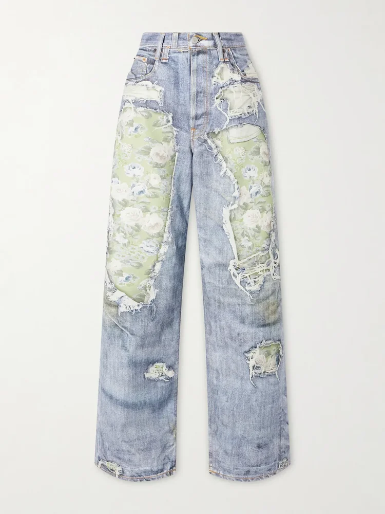 1981 denim rose printed cotton mid rise wide leg jeans