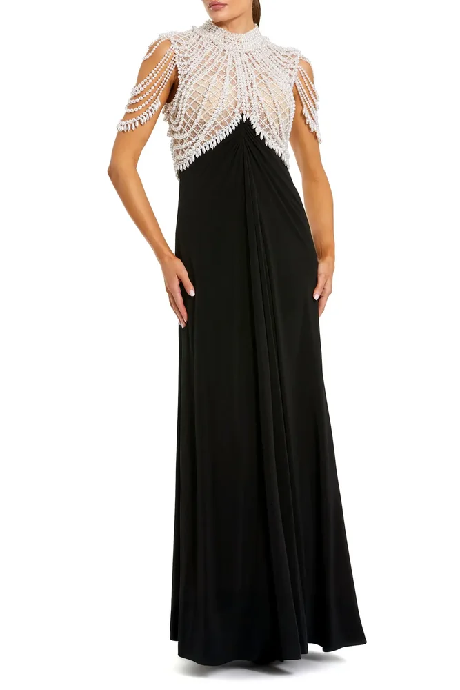Beaded High Neck Cape Sleeve Gown