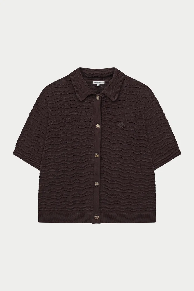 CROCHET KNIT SHORT SLEEVE SHIRT - BROWN