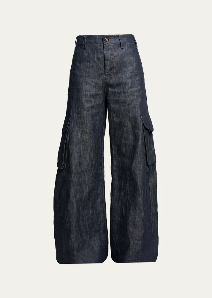 Eos Cotton-Linen Sculptural Flared Cargo Pants