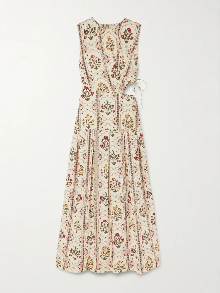 Otoño Andes embellished cutout pleated printed cotton midi dress