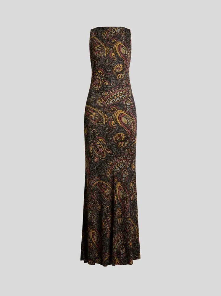 Ribbed Long Dress with Floral Paisley Motif