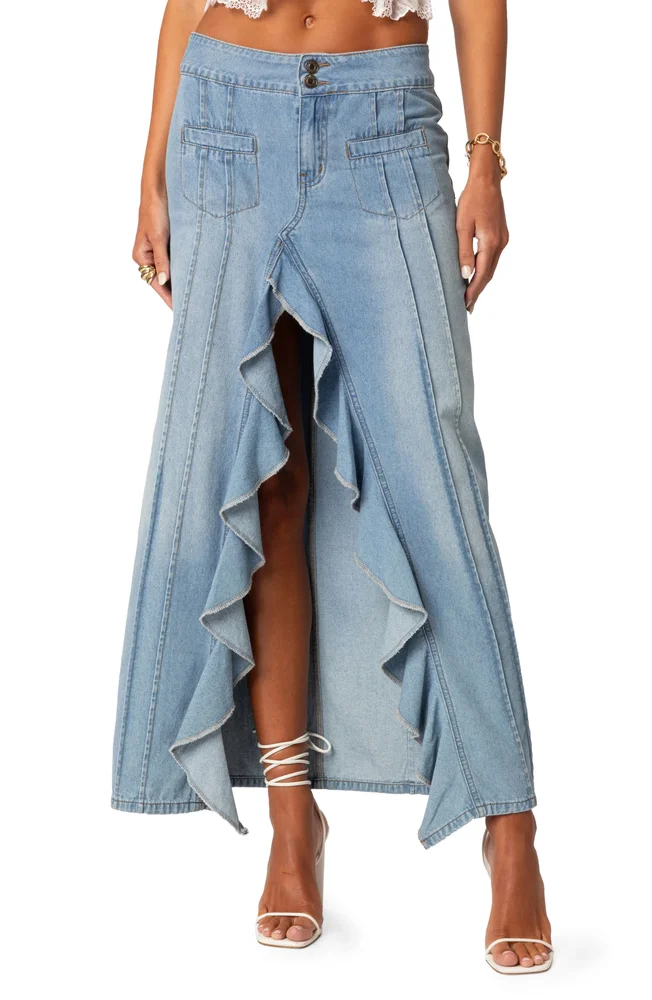 Valencia Ruffle Slit Front Denim Maxi Skirt