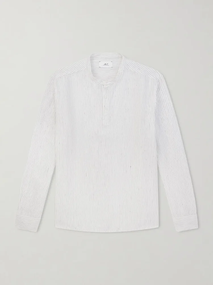 Grandad-Collar Pinstriped Linen Shirt