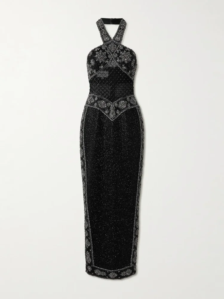 Cyndi cutout embellished mesh halterneck gown