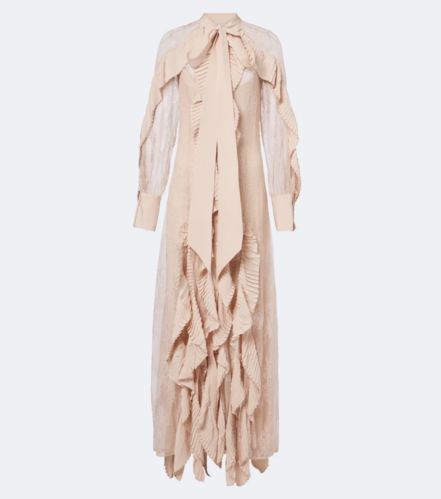 Ruffled tie-neck lace gown