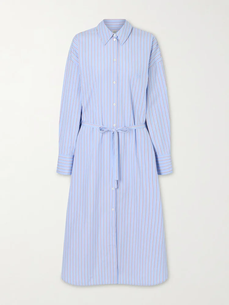 belted striped cotton poplin maxi shirt dress