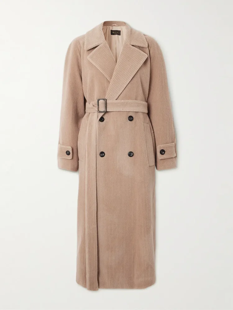 Double-breasted belted cashmere-corduroy coat