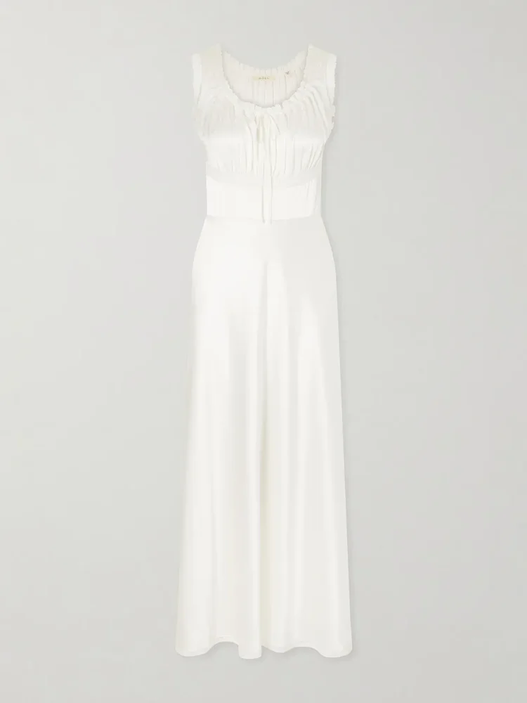 Adalie lace-trimmed gathered silk-satin midi dress