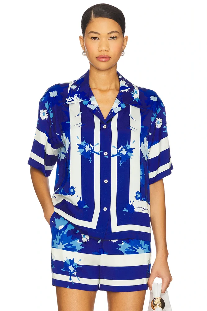 Printed Short Sleeve Button Up Top