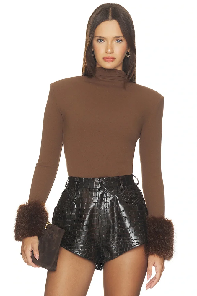 Long Sleeve Bodysuit With Faux Fur Cuffs