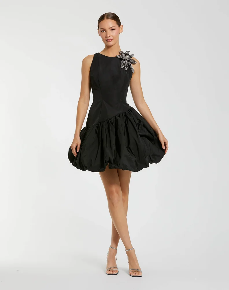 Black Bubble Hem Mini Dress with 3D Floral Appliqué
