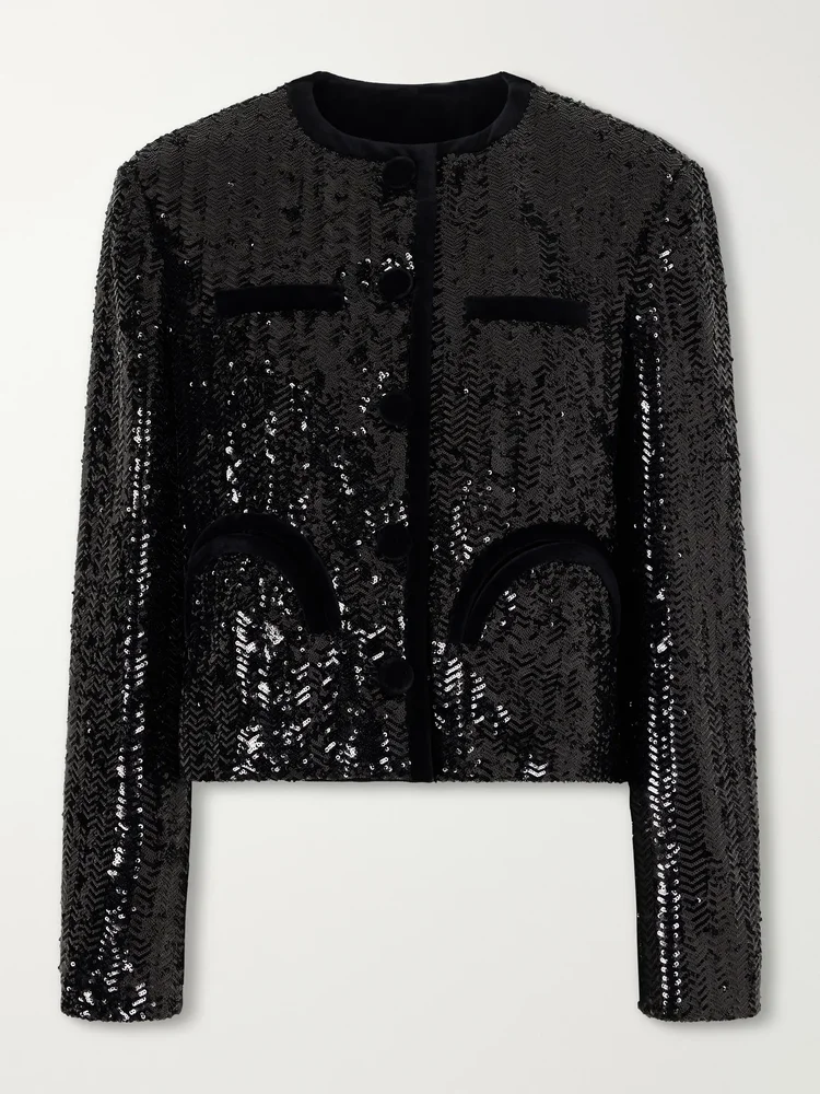 Shamo velvet-trimmed sequined jacket