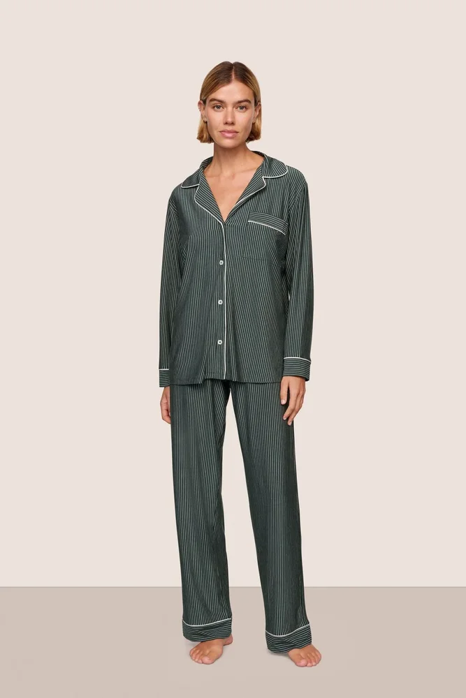 Gisele Printed TENCEL Modal Long PJ Set, Duo Stripe Pine/Ivory