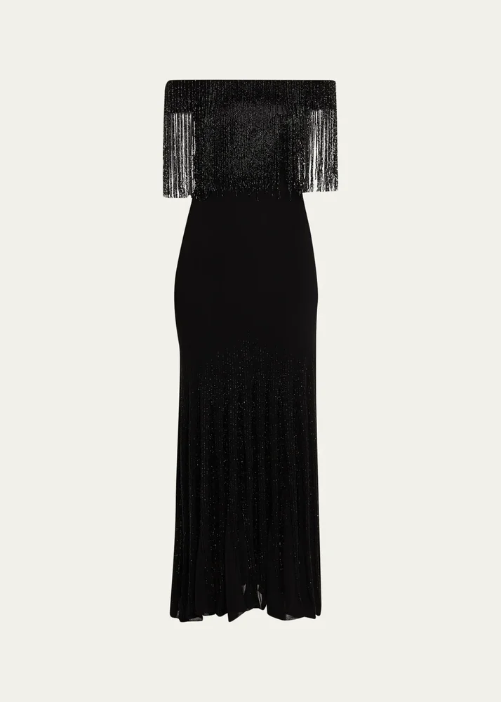 Off-The-Shoulder Beaded Fringe Knit Midi Dress