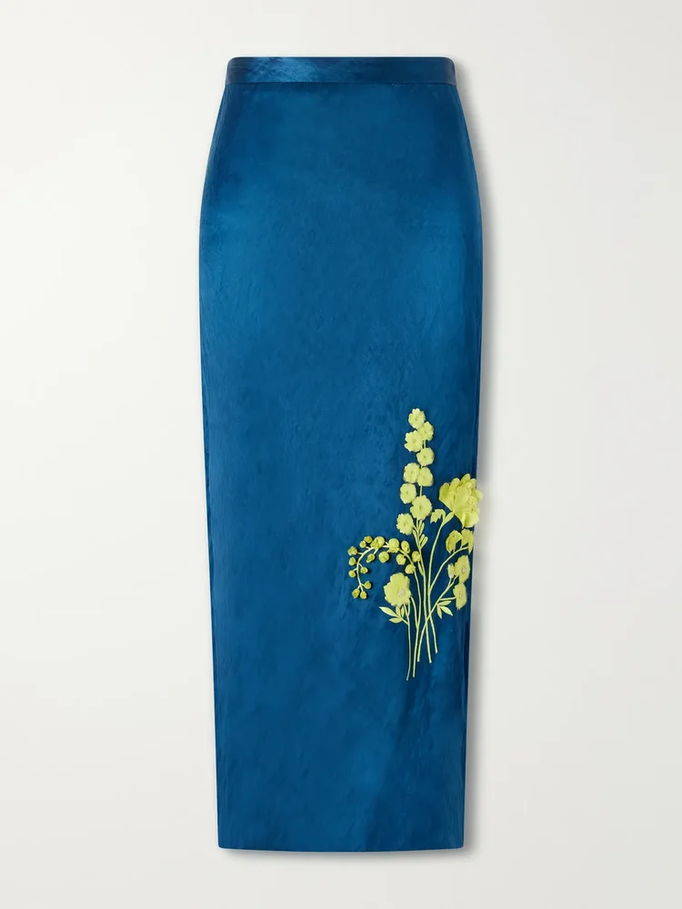 Floral-embroidered metallic satin midi skirt