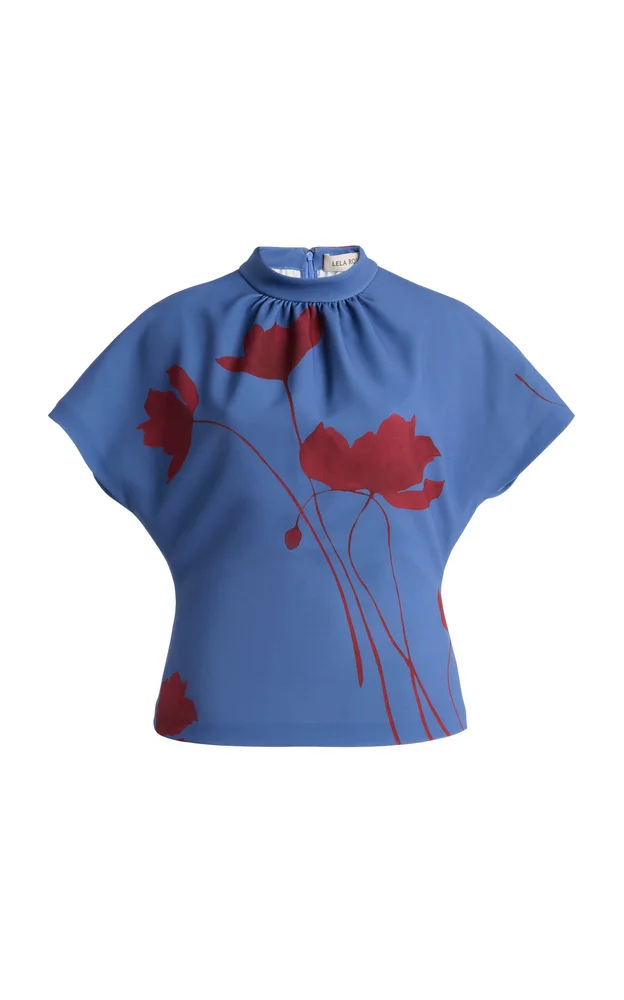 Exclusive Floral Printed Crepe Mock Neck Short Sleeve Top