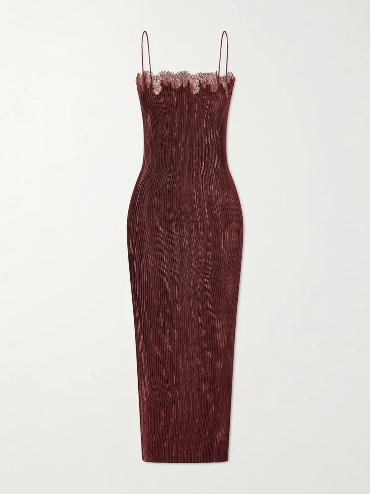 Lumie lace-trimmed pleated satin midi dress