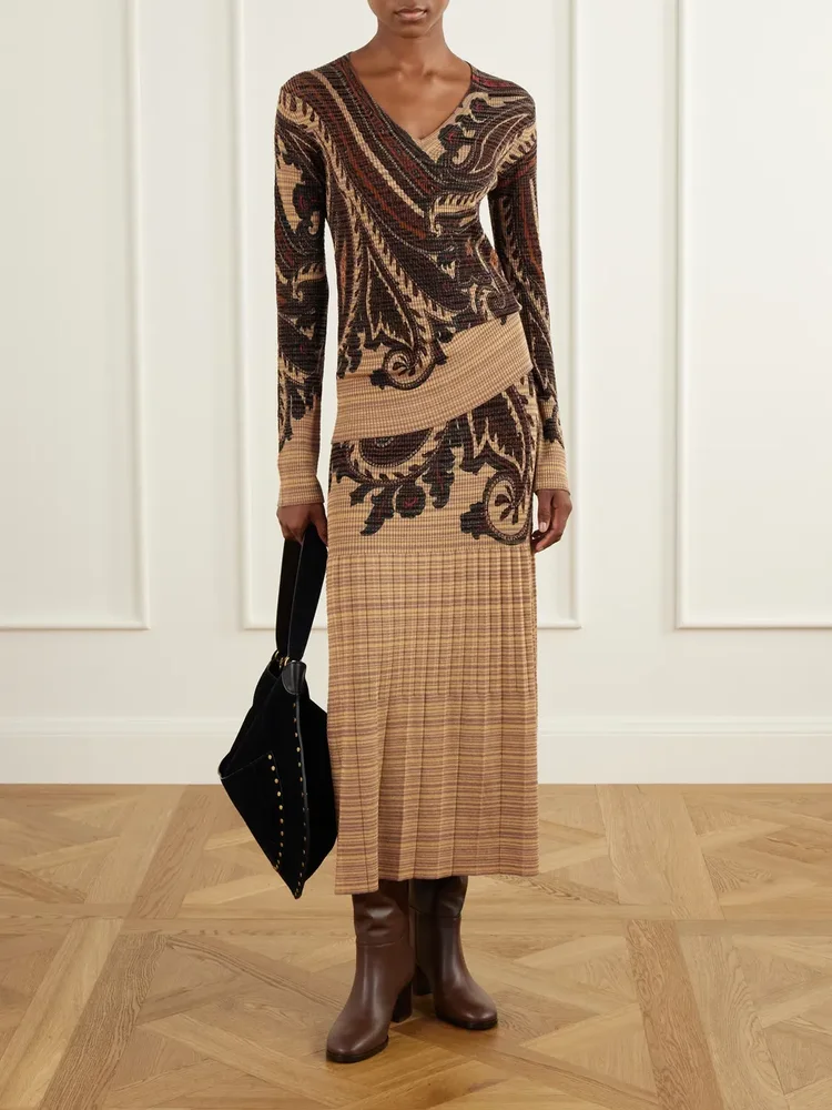 Paisley printed plissé-knit midi skirt