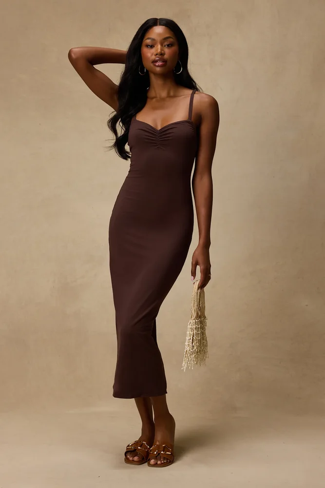 Dalene Brown Jersey Knit Bodycon Midi Dress