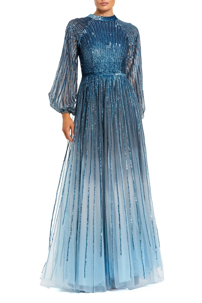Sequin Mesh Ombre Bishop Sleeve A-Line Gown