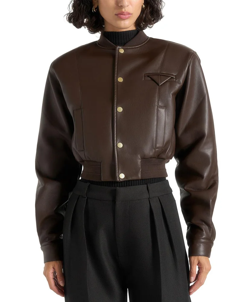 Zina Leather Wide Shoulder Bomber Jacket