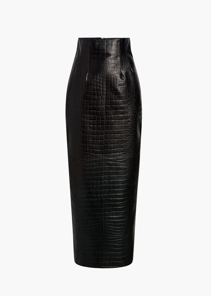 KHAITE Loxley Skirt in Black Croc-Embossed Leather
