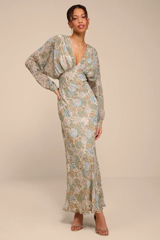 Azalea Sage Multi Floral Long Sleeve Midi Dress
