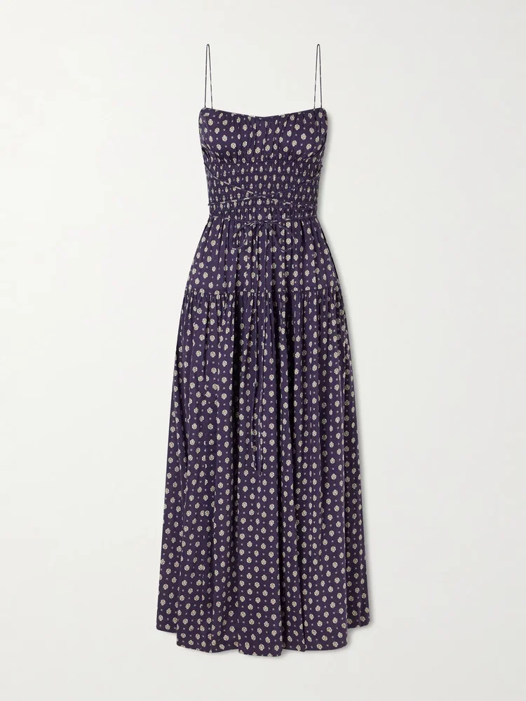 Safia smocked printed cotton and silk-blend voile maxi dress