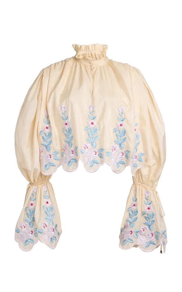 High-Neck Puff-Sleeve Embroidered Top