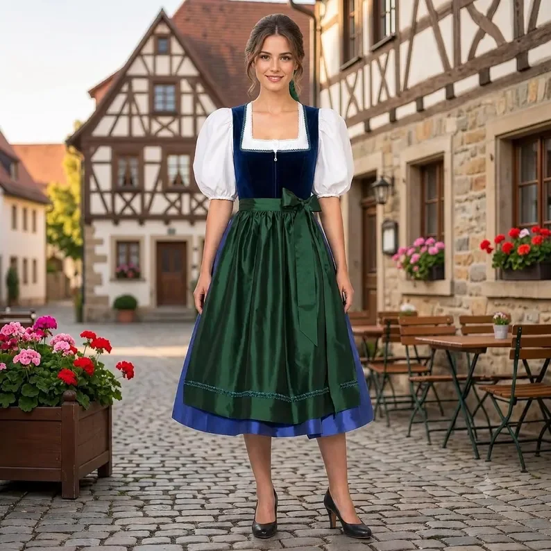 Royal Blue Velvet Dirndl Dress Set – Austrian Traditional Outfit (3 Piece)