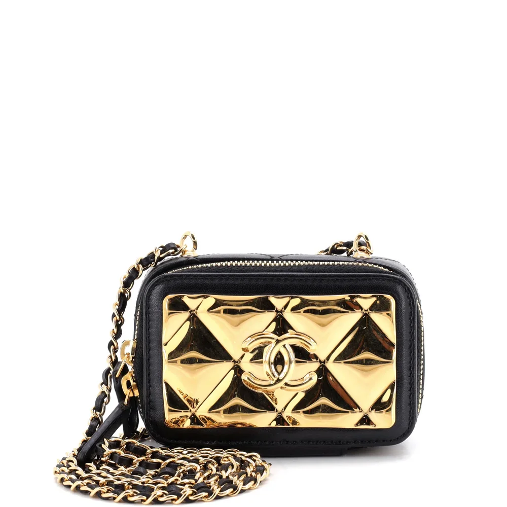 Golden Plate Zip Around Vanity Case with Chain Quilted Metal and Lambskin Extra Mini
