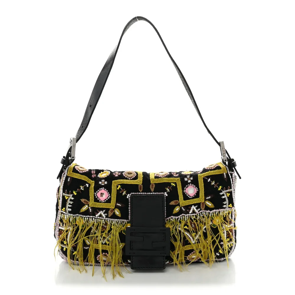 Pre-Owned Canvas Beaded Baguette Black Multicolor