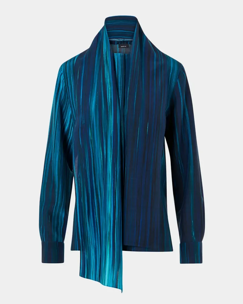 Scarf-Neck Printed Silk-Wool Voile Blouse
