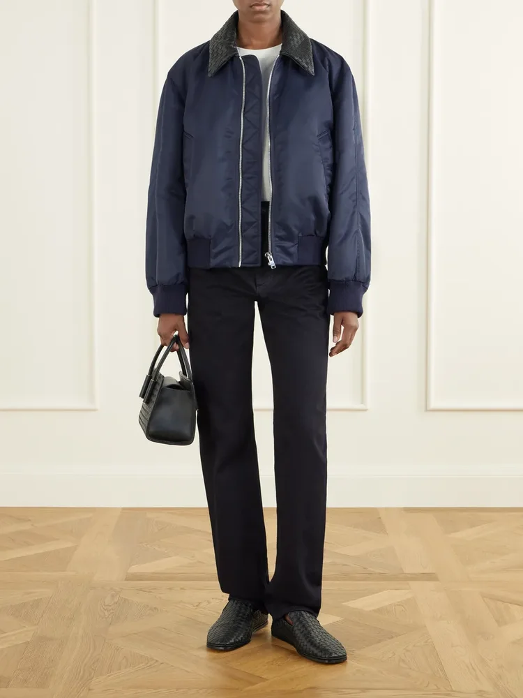 Intrecciato leather-trimmed satin bomber jacket