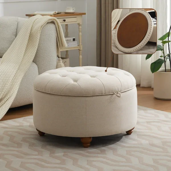 30-inch Wide Upholstered Tufted Round Storage Ottoman