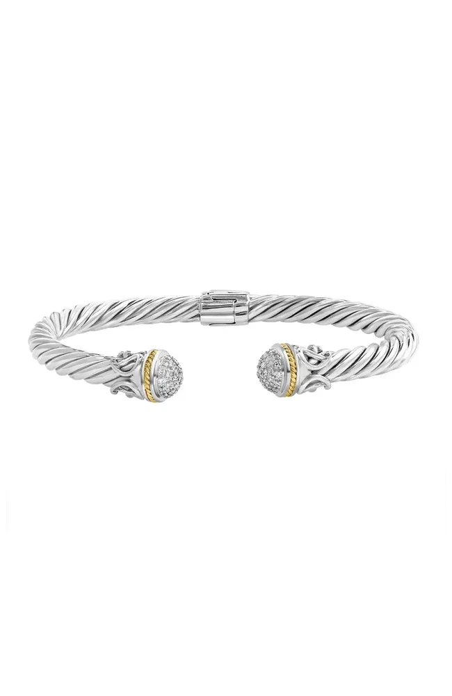 925 Sterling Silver & 18K Yellow Gold Twisted Cable Diamond Cuff Bracelet