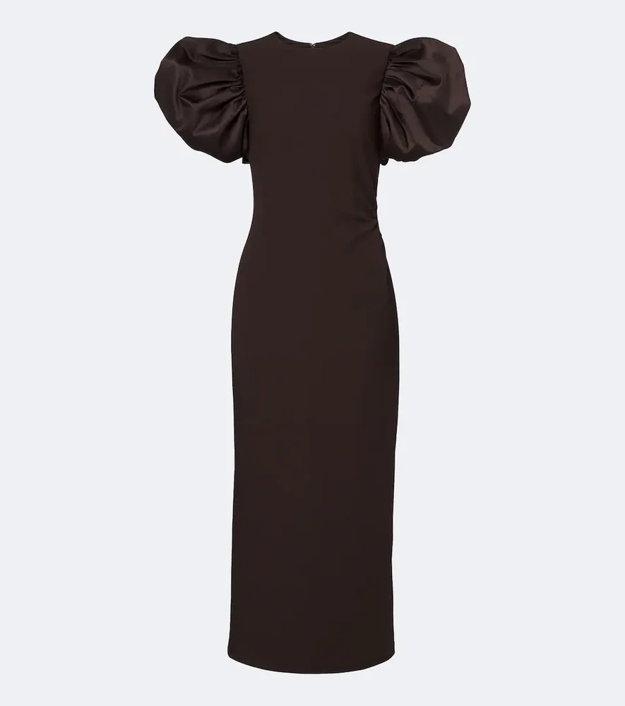 Puff-sleeve satin-trimmed midi dress