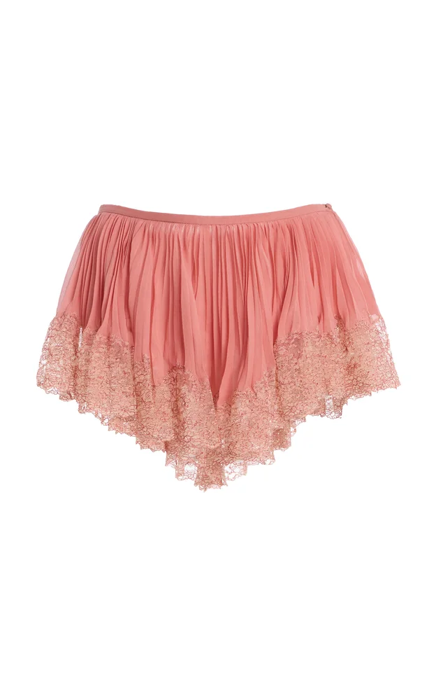 Lace-Trimmed Plisse Silk Shorts