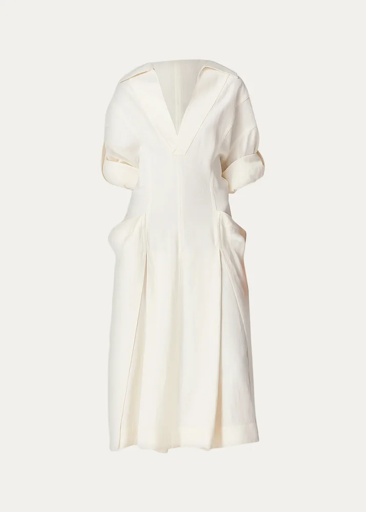 Fit-and-Flare Grainy Midi Dress with Frog Embellishments