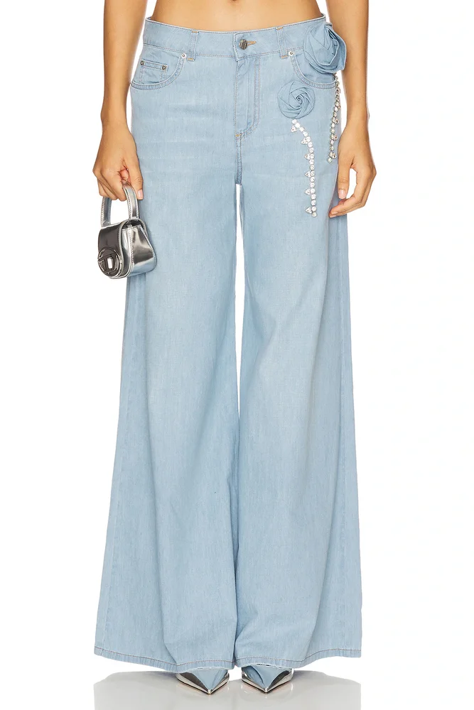 Crystal Rosette Wide Leg Jeans