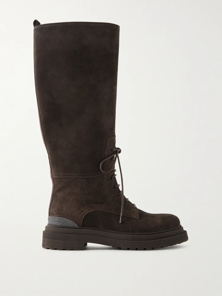 Bead-embellished suede knee boots