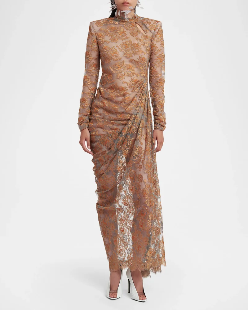 Feather-Trim Draped Lace Long-Sleeve Maxi Dress