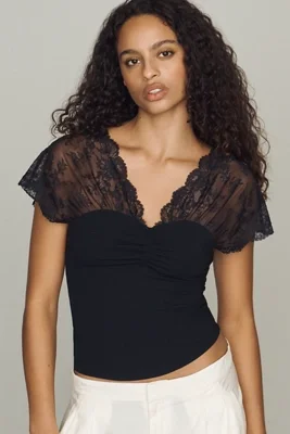 By Anthropologie Lace Cap-Sleeve Top