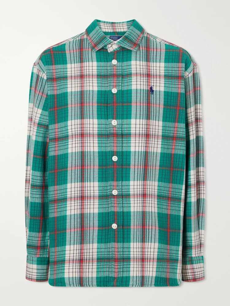 logo embroidered checked cotton twill shirt