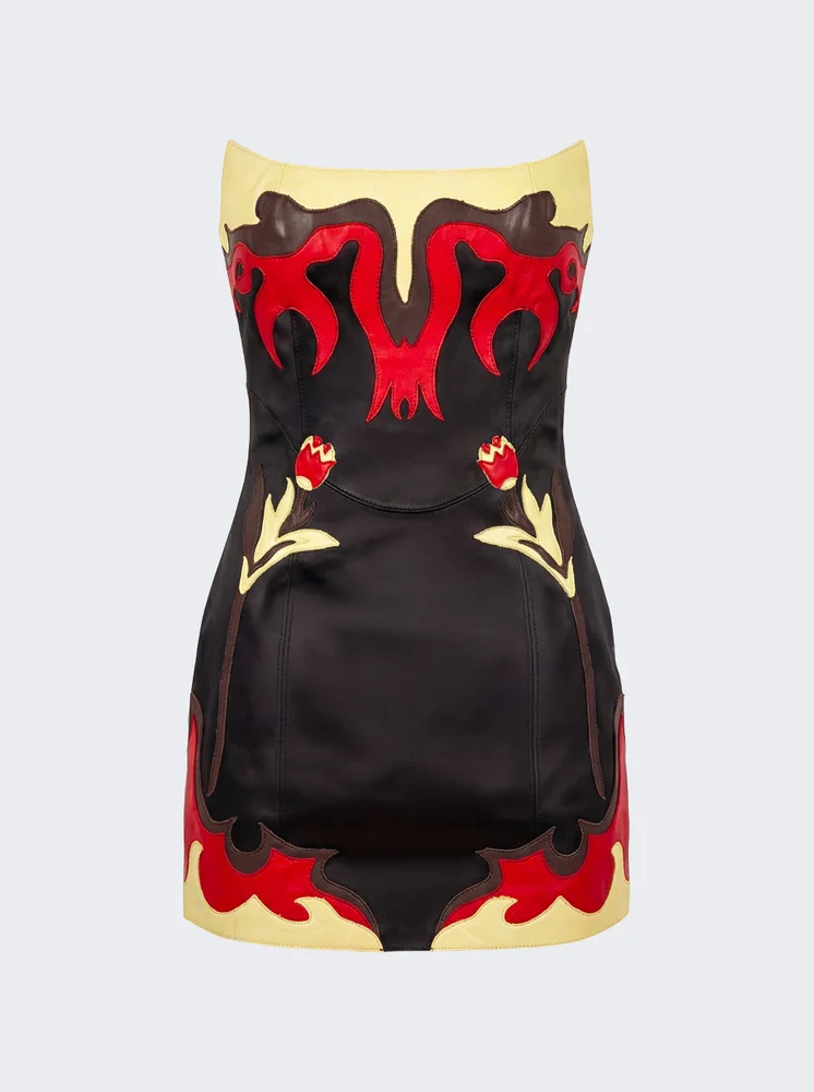 Leather Bustier Mini Dress With Floral Patches BLACK