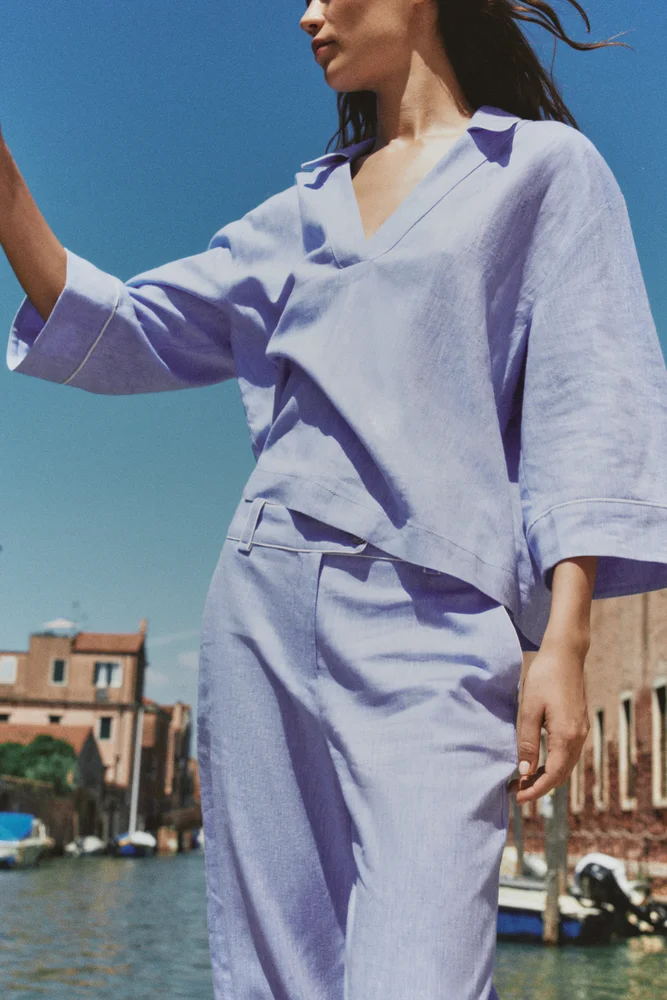 Linen Blouse With Contrast Piping