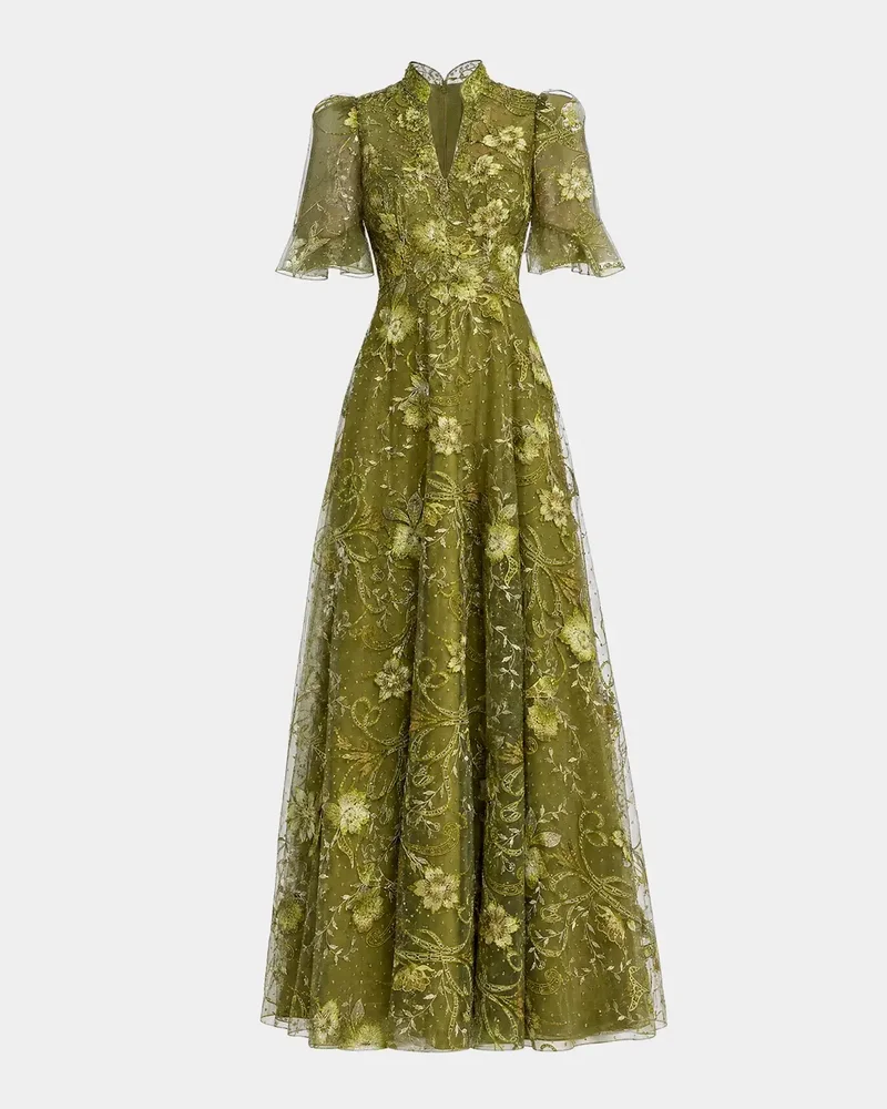 Floral-Embroidered Puff A-Line Gown