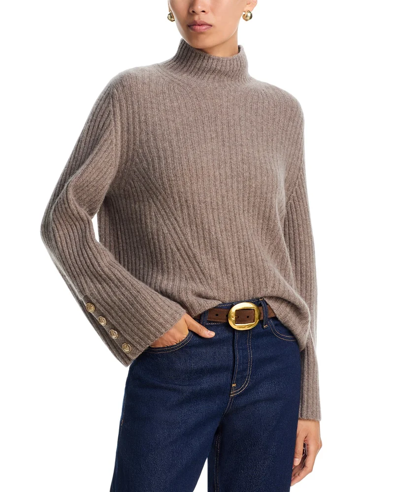 100% Cashmere Rib Knit Bell Sleeve Turtleneck Sweater